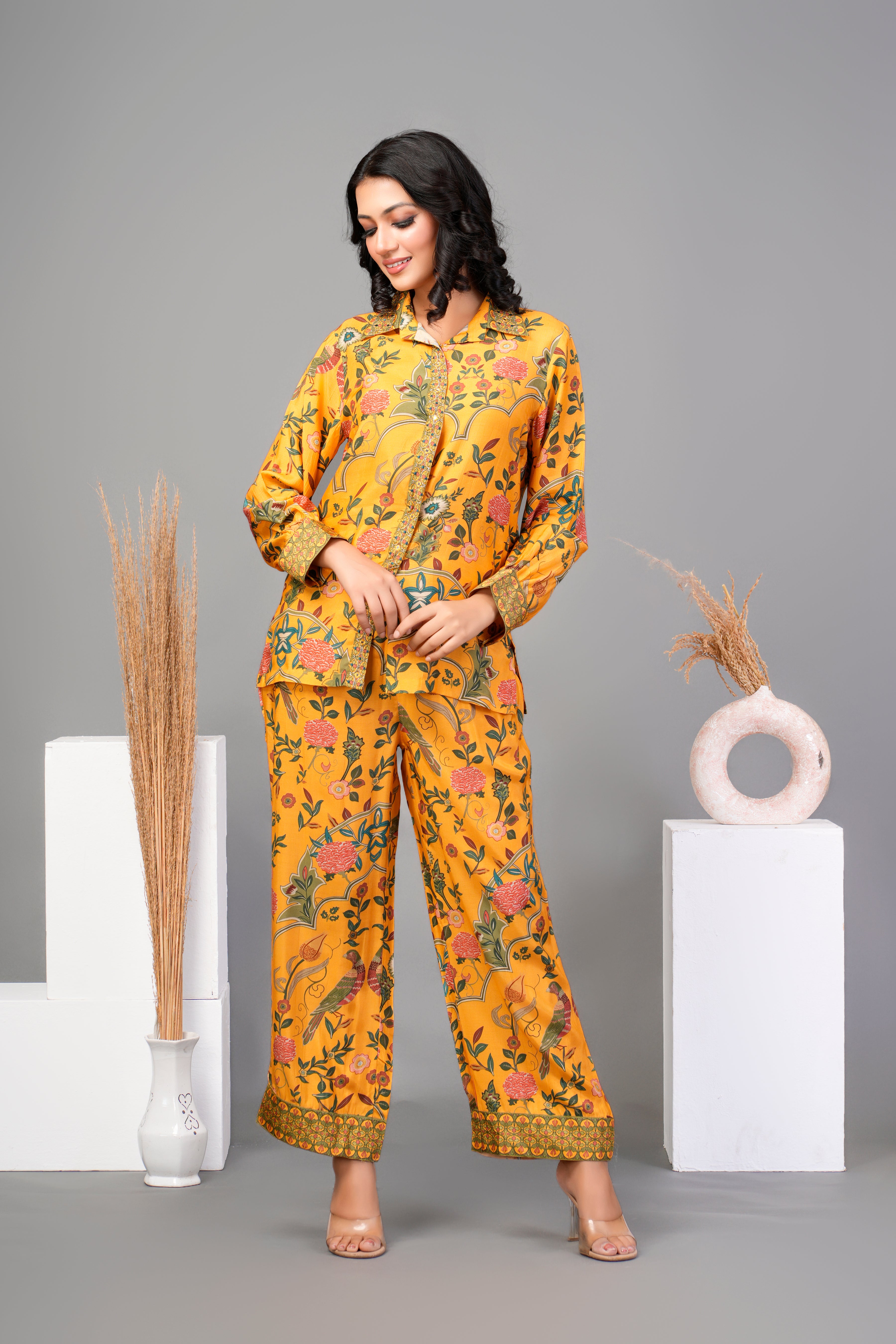 Mustard Yellow Floral Embroidered Printed Muslin Co-ord Set