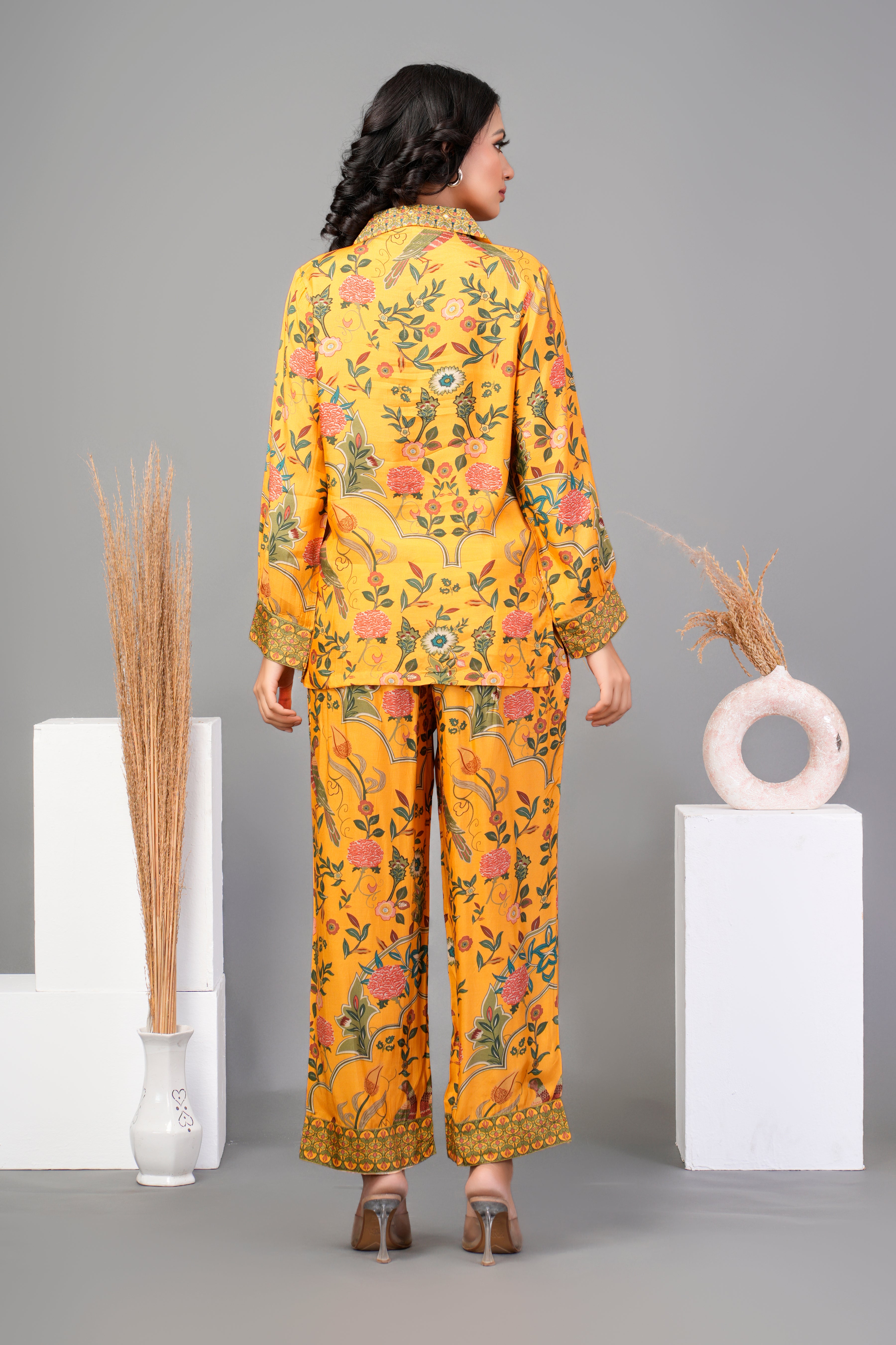 Mustard Yellow Floral Embroidered Printed Muslin Co-ord Set