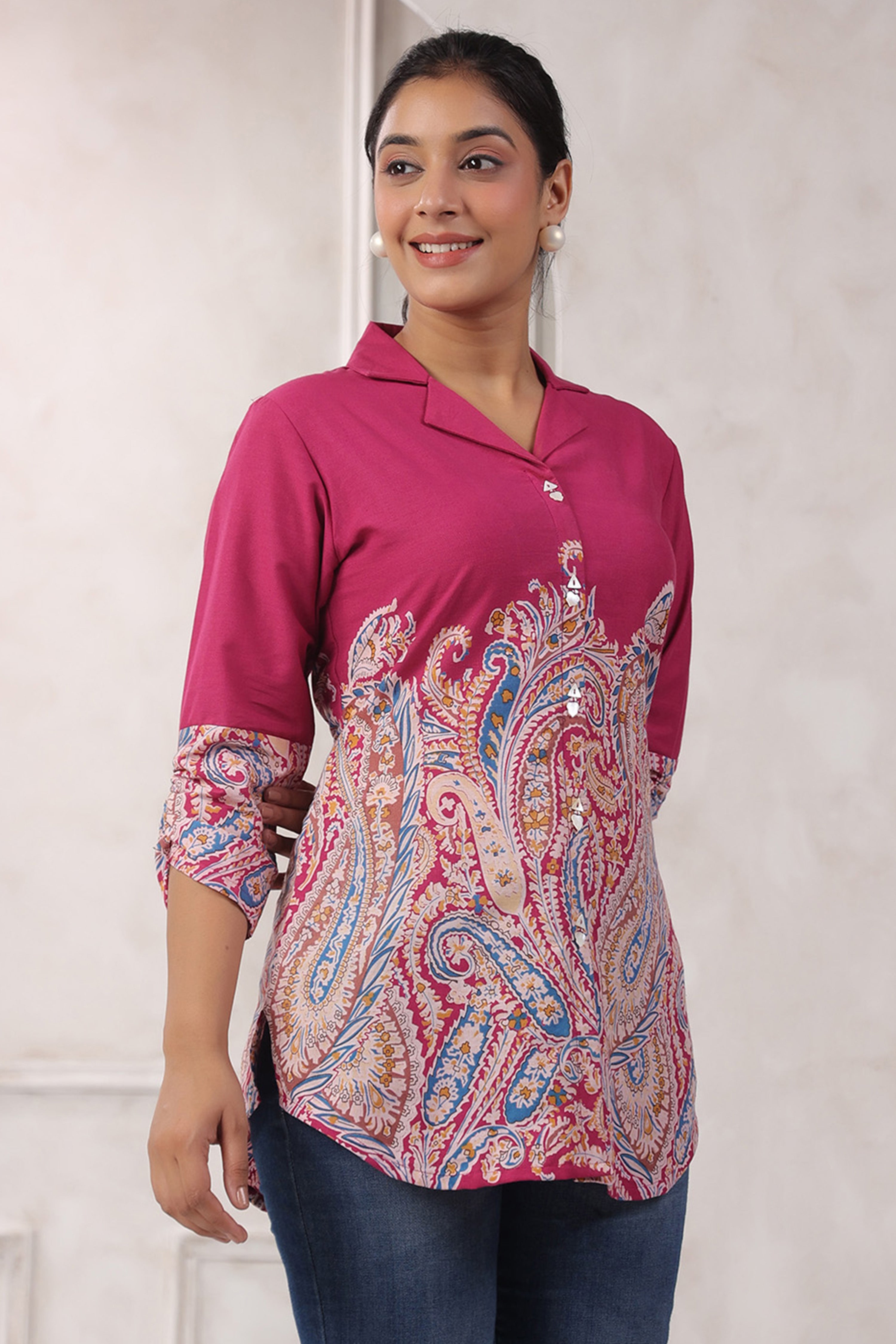 Magenta Color Printed Cotton Top