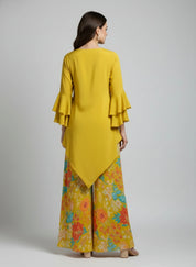 Yellow Asymmetrical Embroidered Kurti & Floral Palazzo Co-ord Set