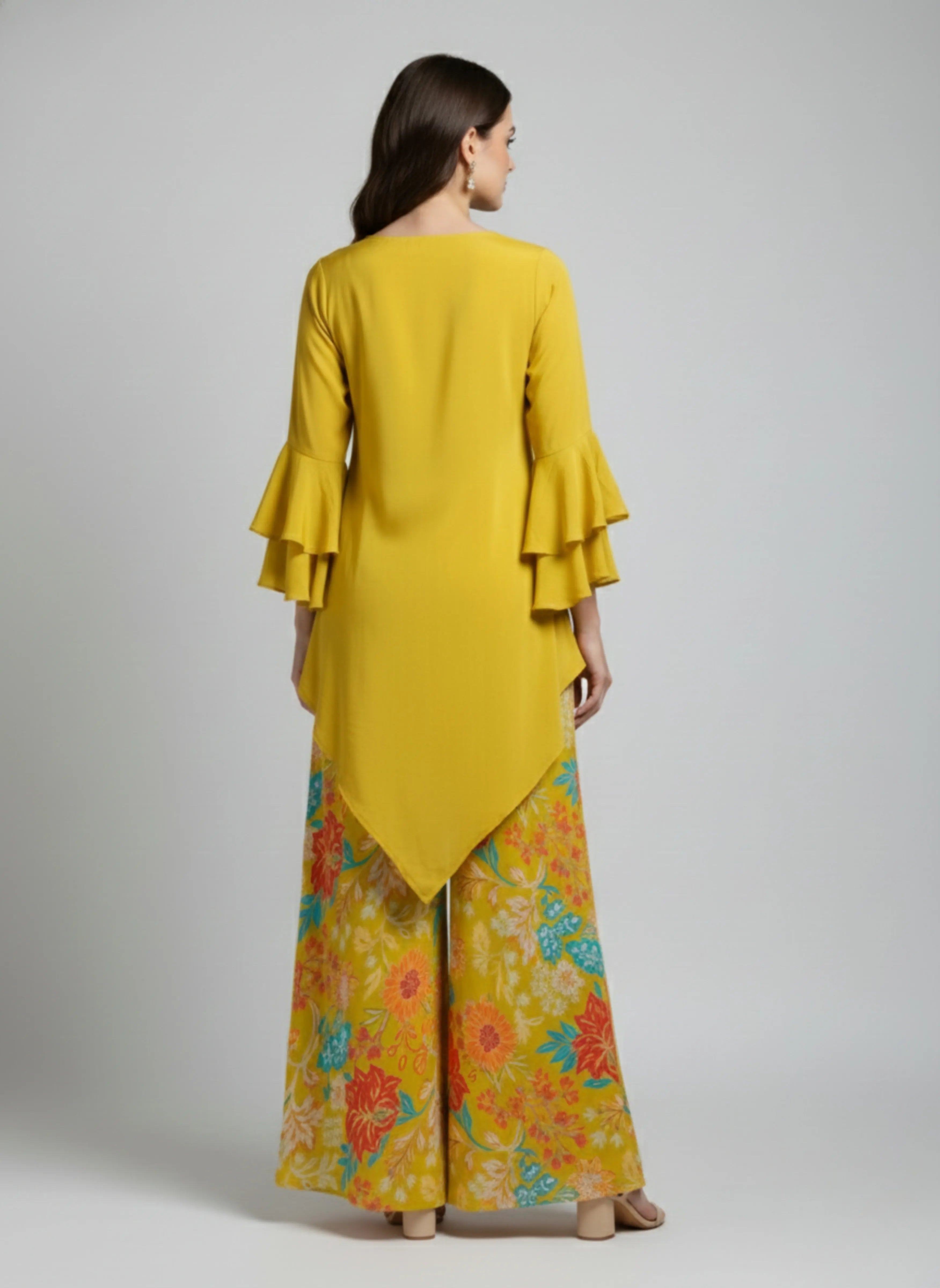 Yellow Asymmetrical Embroidered Kurti & Floral Palazzo Co-ord Set