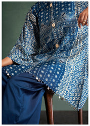 Prussian Blue Placement Dola Silk Printed Kurta Set