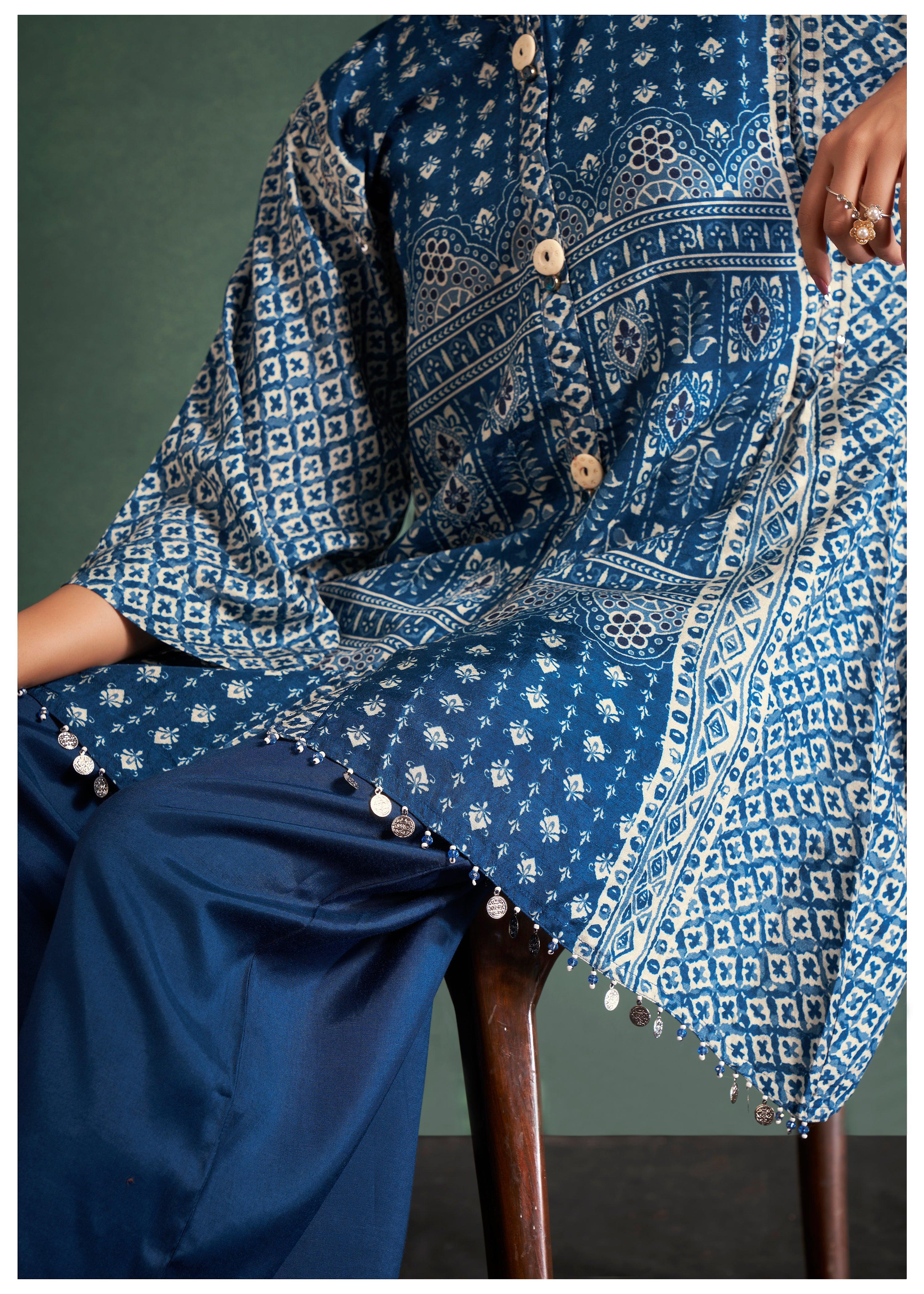 Prussian Blue Placement Dola Silk Printed Kurta Set