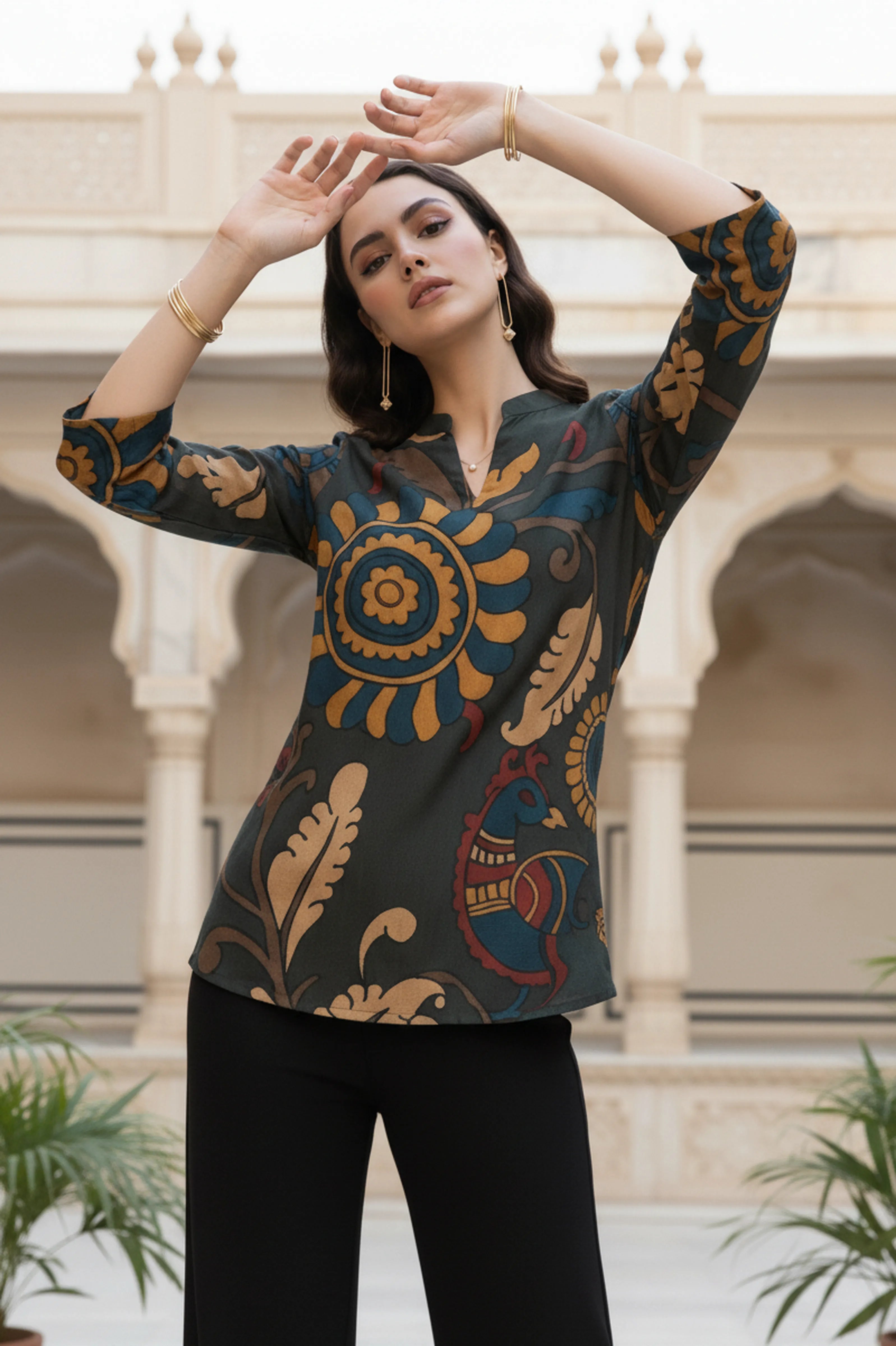 Moss Green Printed Short Kurti in Muslin