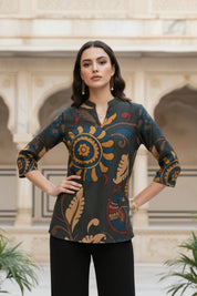 Moss Green Printed Short Kurti in Muslin