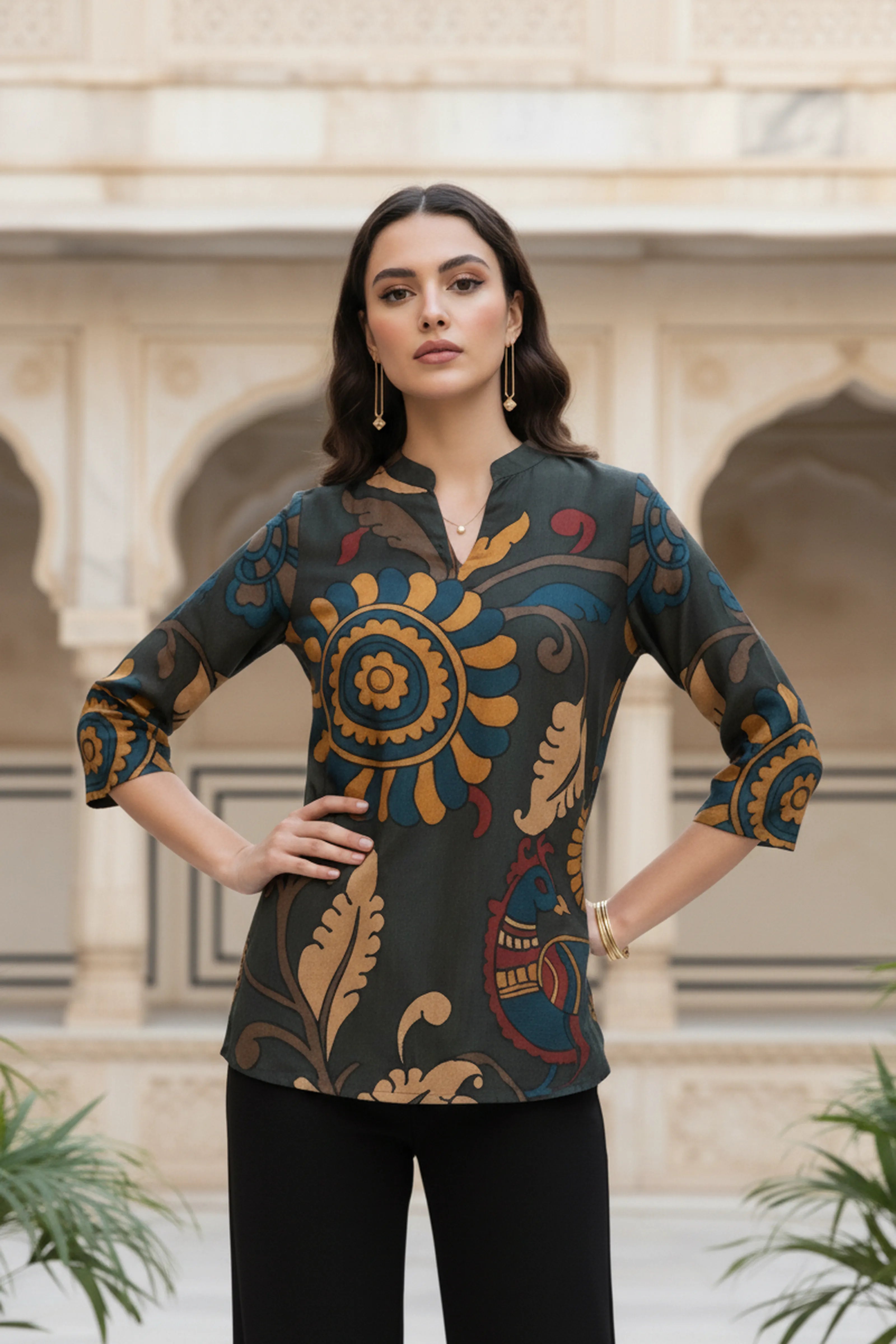 Moss Green Printed Short Kurti in Muslin