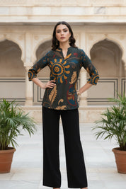 Moss Green Printed Short Kurti in Muslin