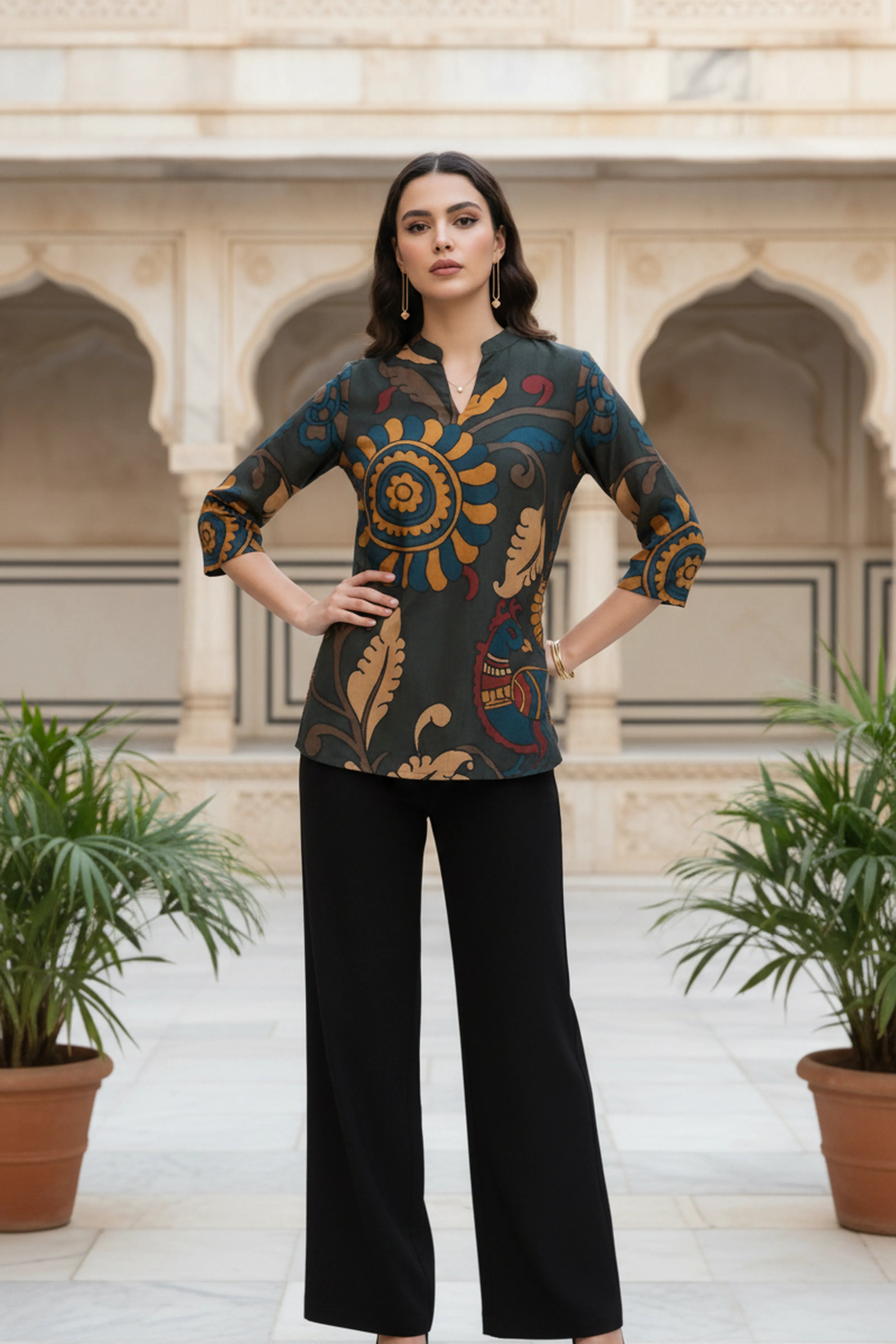 Moss Green Printed Short Kurti in Muslin