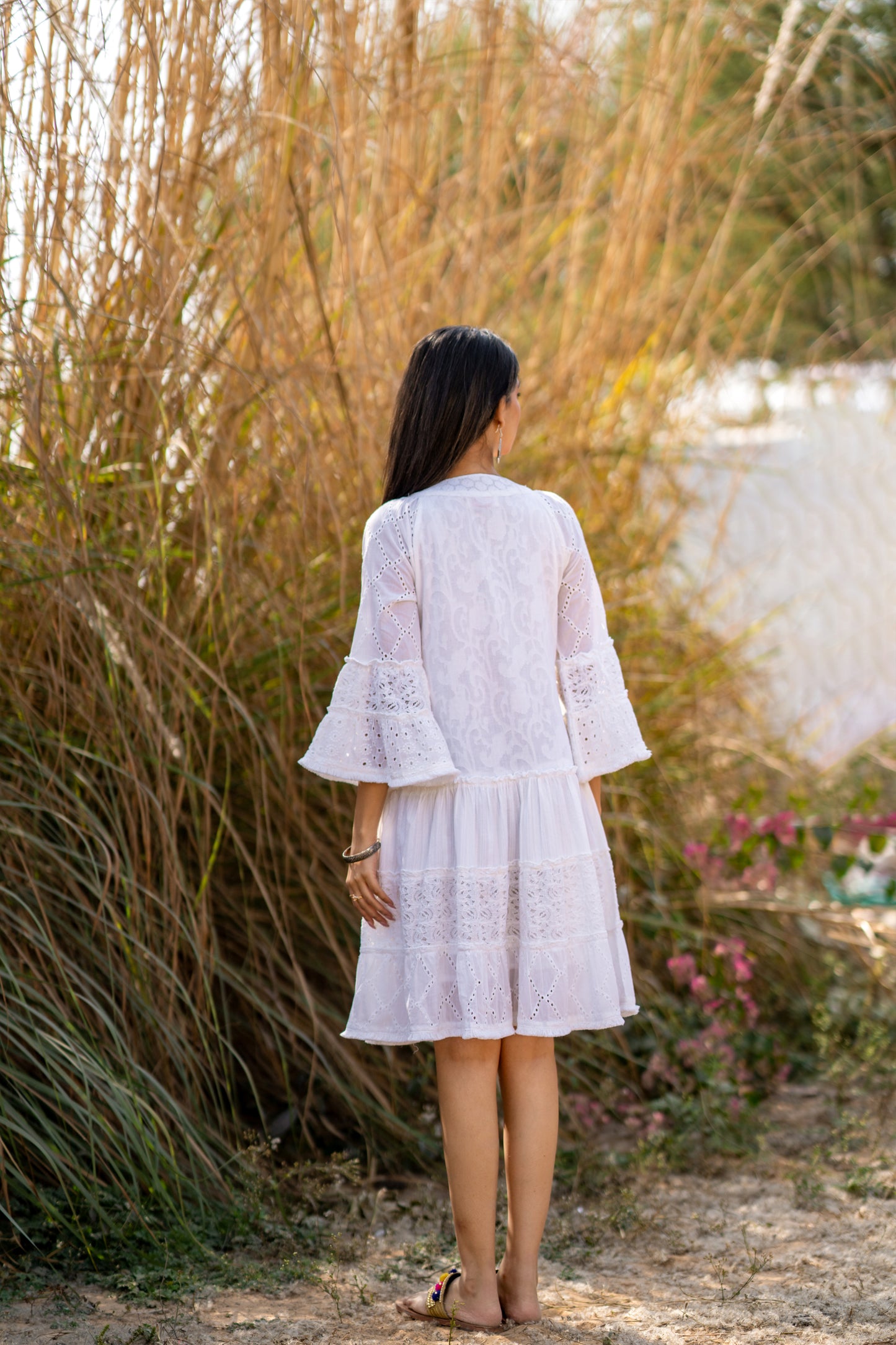 White Schiffli Embroidered Cotton Tiered Dress