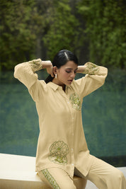 Kaftanize Kiaa-Yellow Creme Applique & Embroidered Puff Sleeve Embroidered Cuff Viscose Shirt With Pant