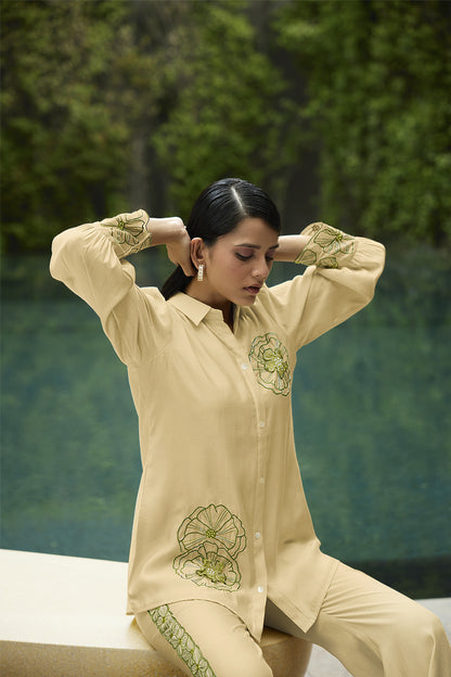 Yellow Creme Embroidered Viscose Shirt With Pant
