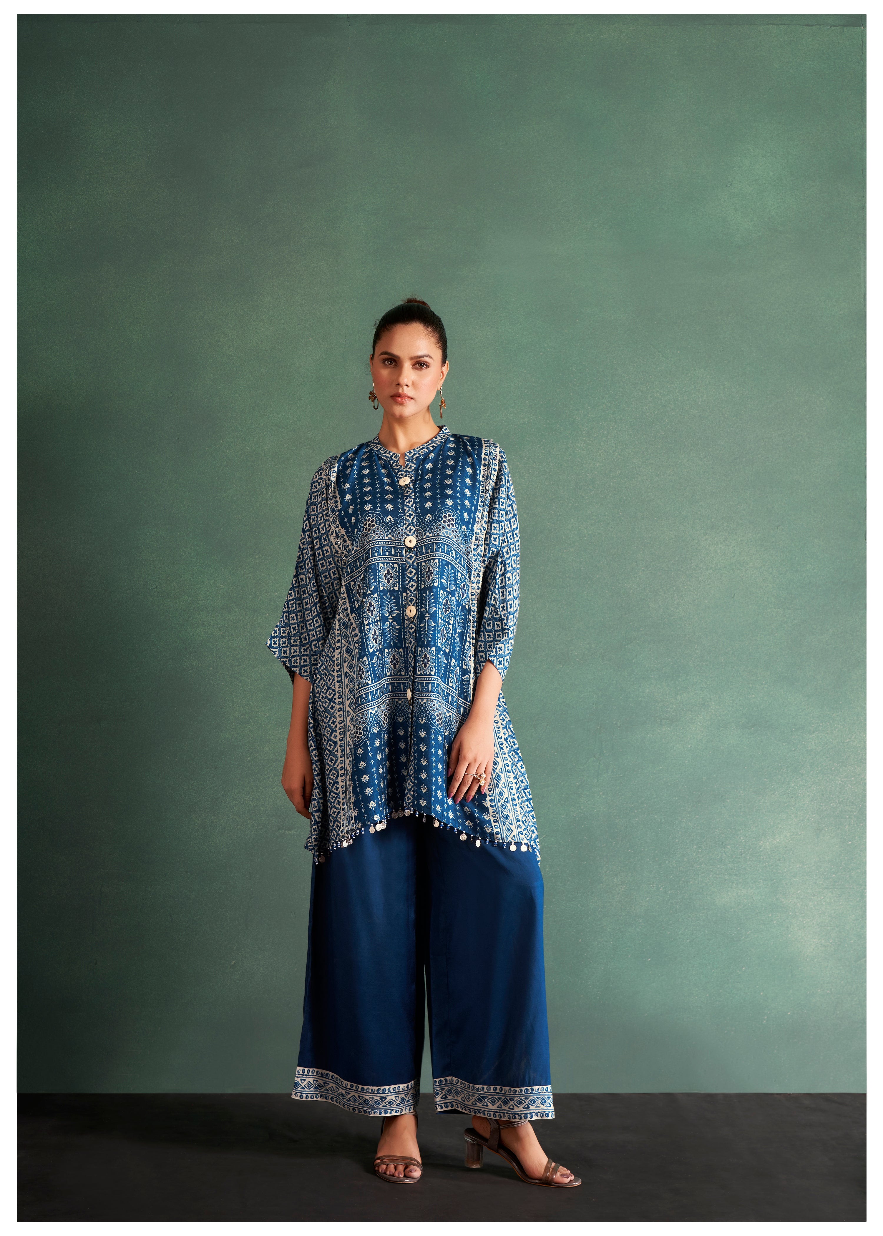 Prussian Blue Placement Dola Silk Printed Kurta Set