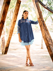 Blue Embroidered Cotton Cambric Short Dress