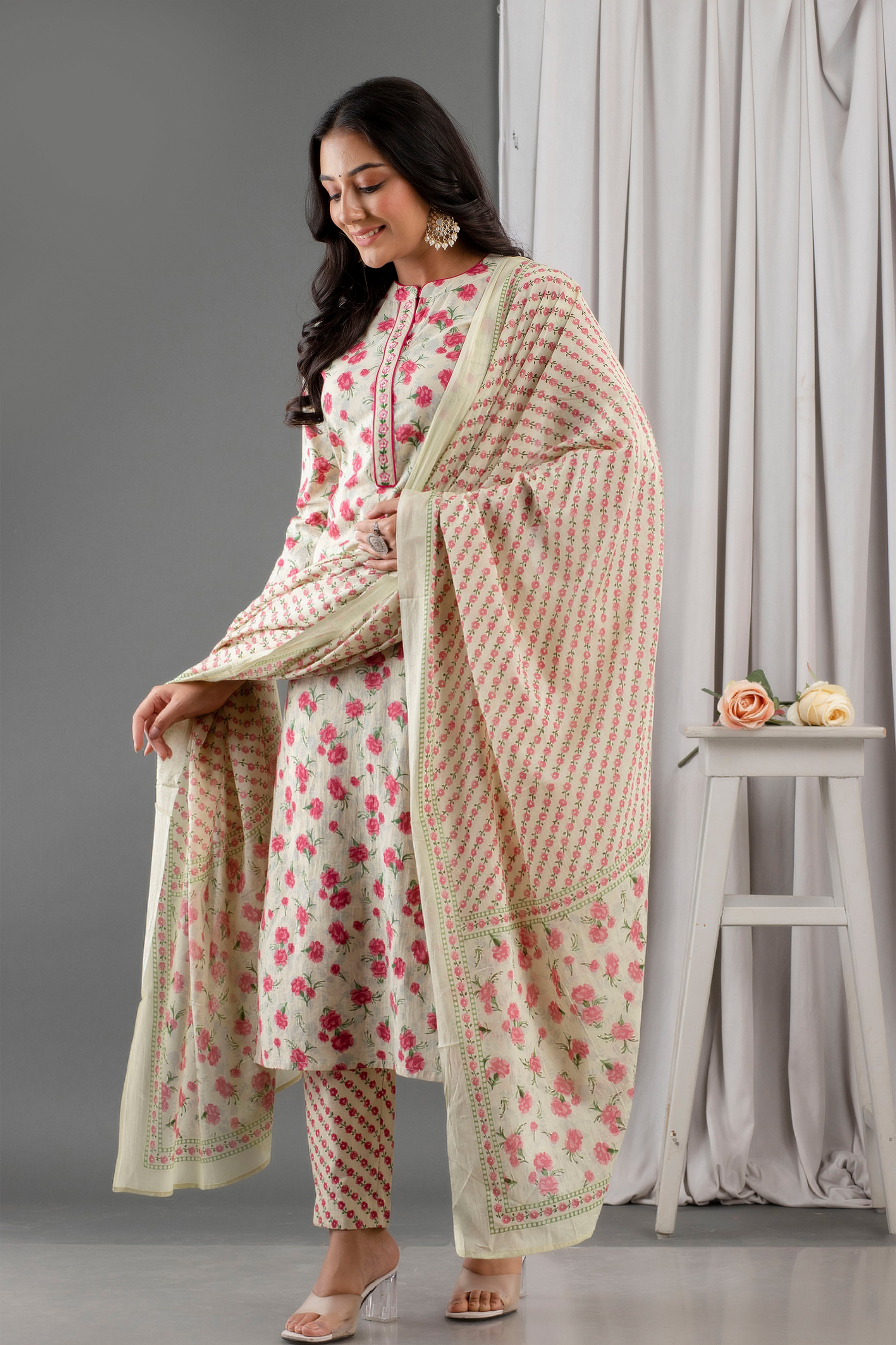 Off White Floral Printed Cotton Kurta with Trousers & With Dupatta - Kaftanize