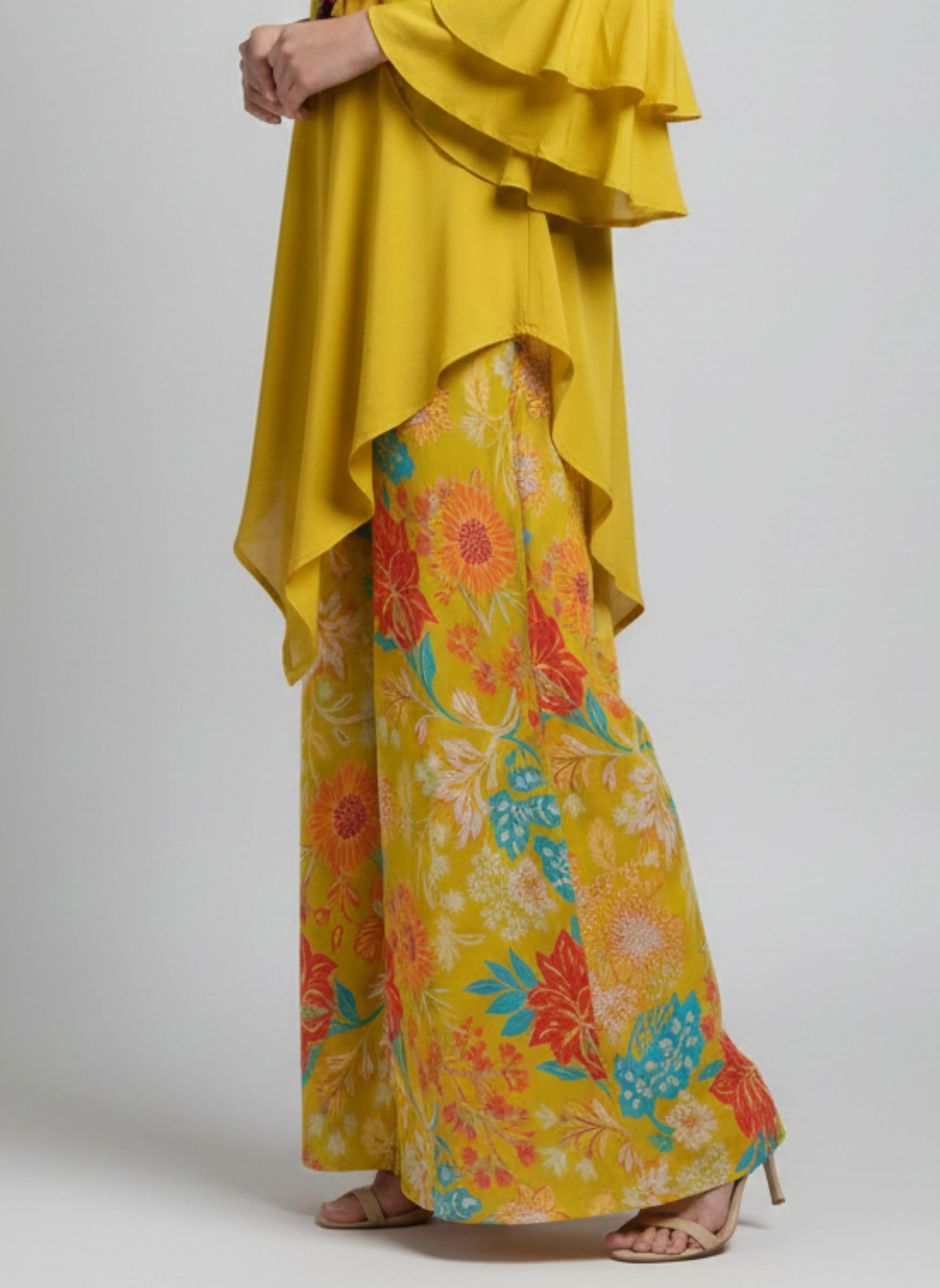 Yellow Asymmetrical Embroidered Kurti & Floral Palazzo Co-ord Set