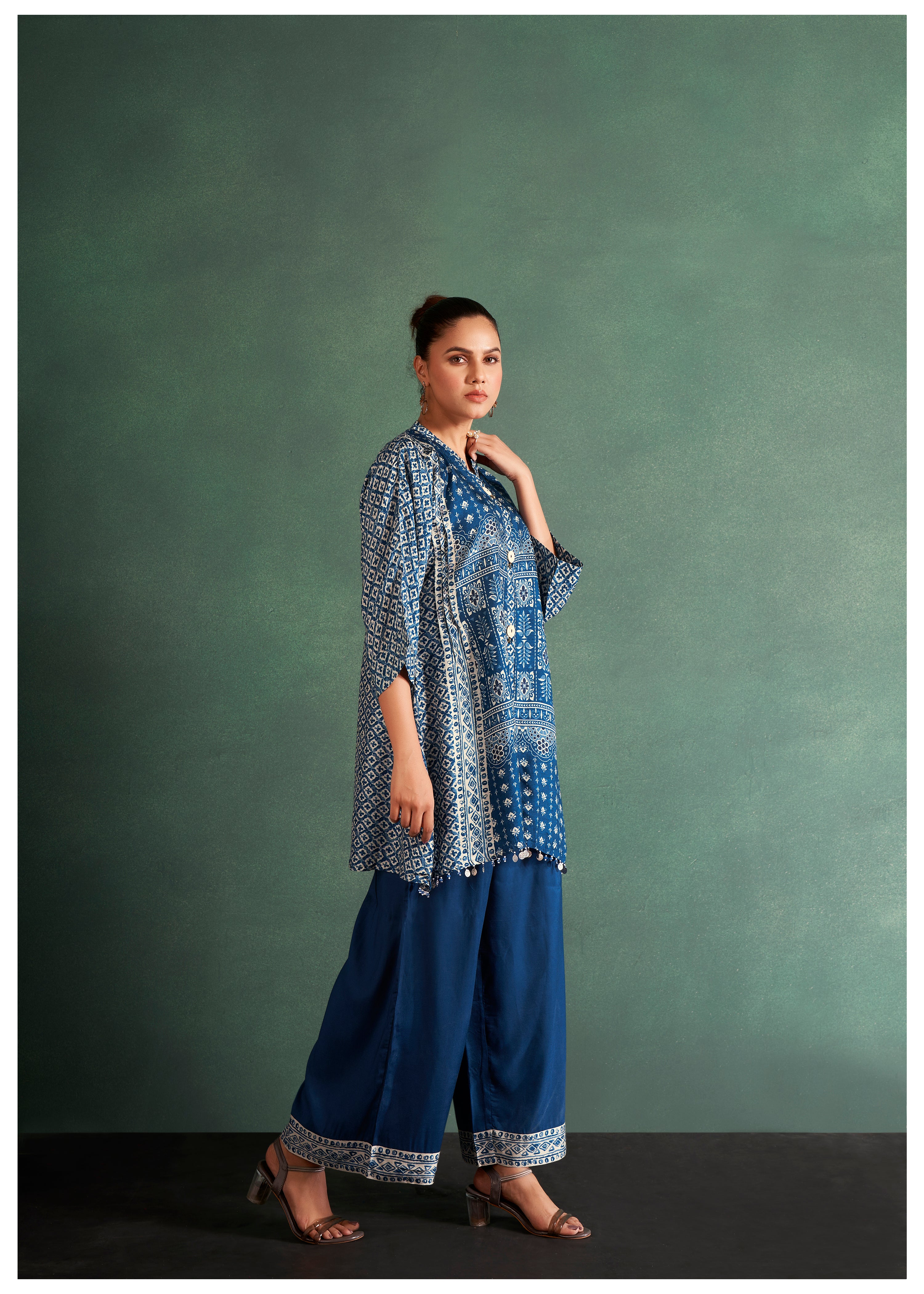 Prussian Blue Placement Dola Silk Printed Kurta Set