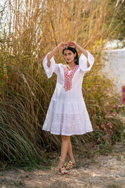 White Schiffli Embroidered Cotton Tiered Dress