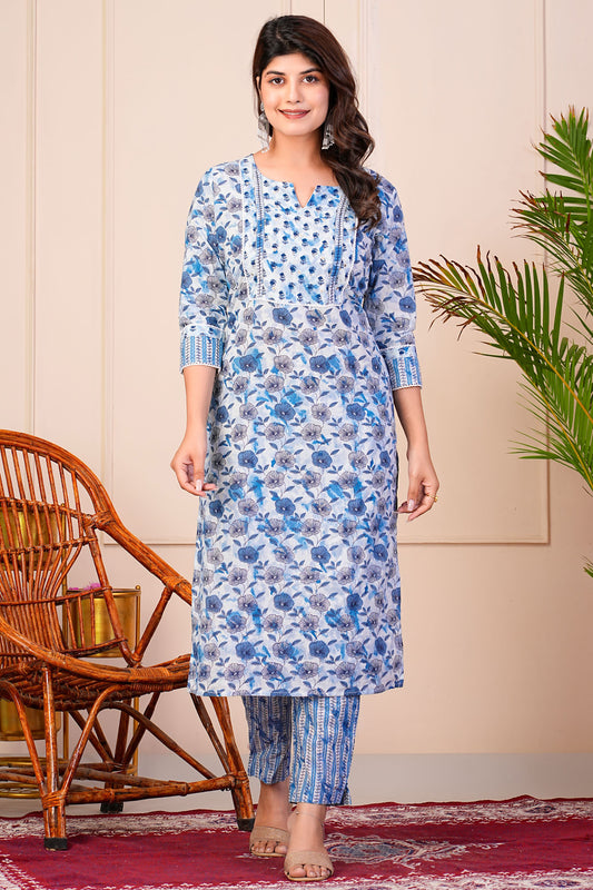 Blue cotton printed kurta set with crochet lace detail