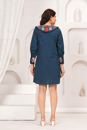 Navy Blue Floral Embroidered Collar Cotton Dress