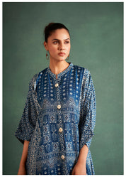 Prussian Blue Placement Dola Silk Printed Kurta Set