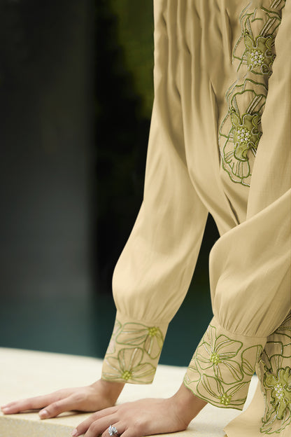 Yellow Creme Embroidered Viscose Shirt With Pant