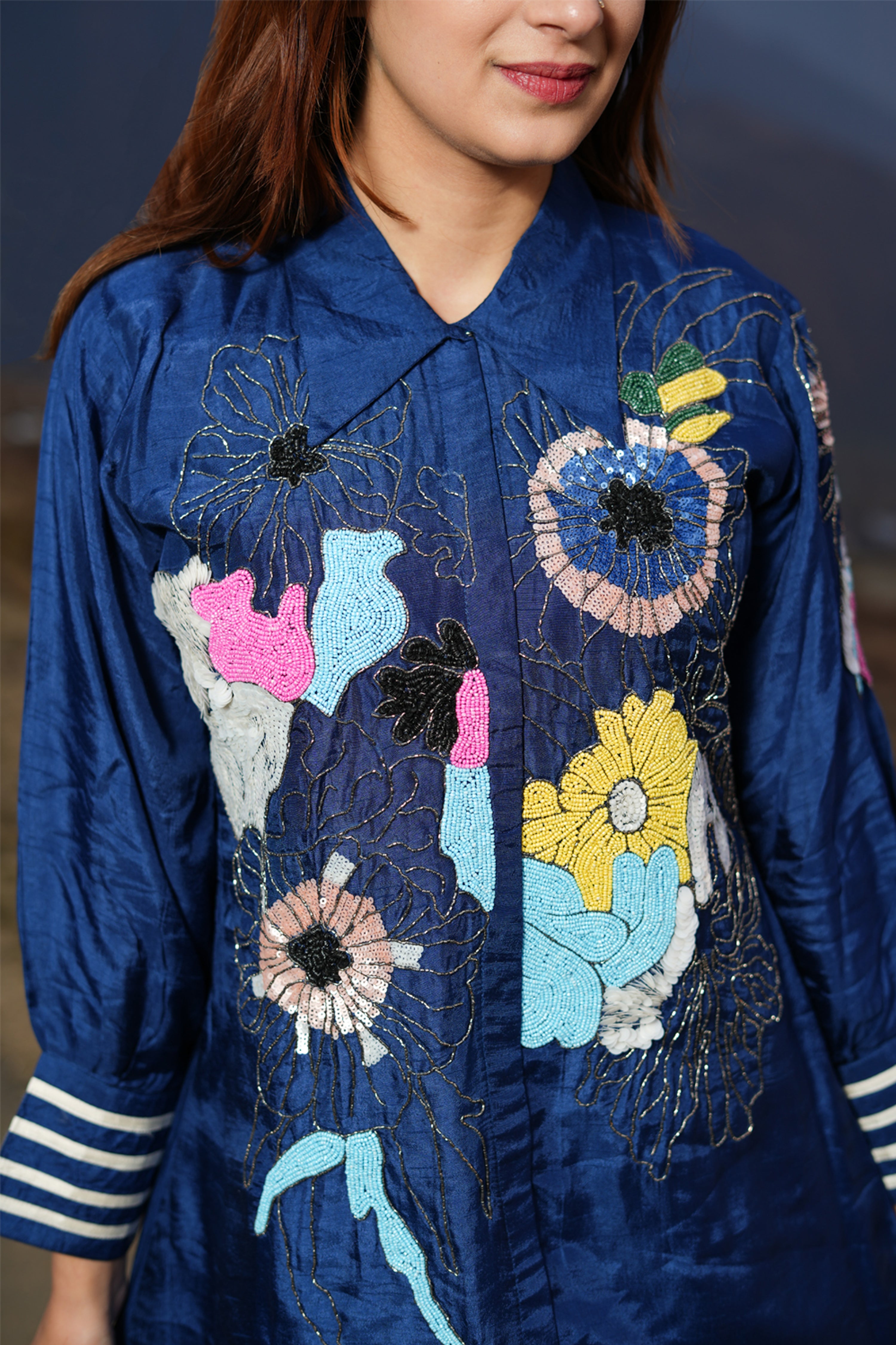 Kaftanize Dark Blue Embroidered Dola Silk Tunic & Trouser Co-Ord Set