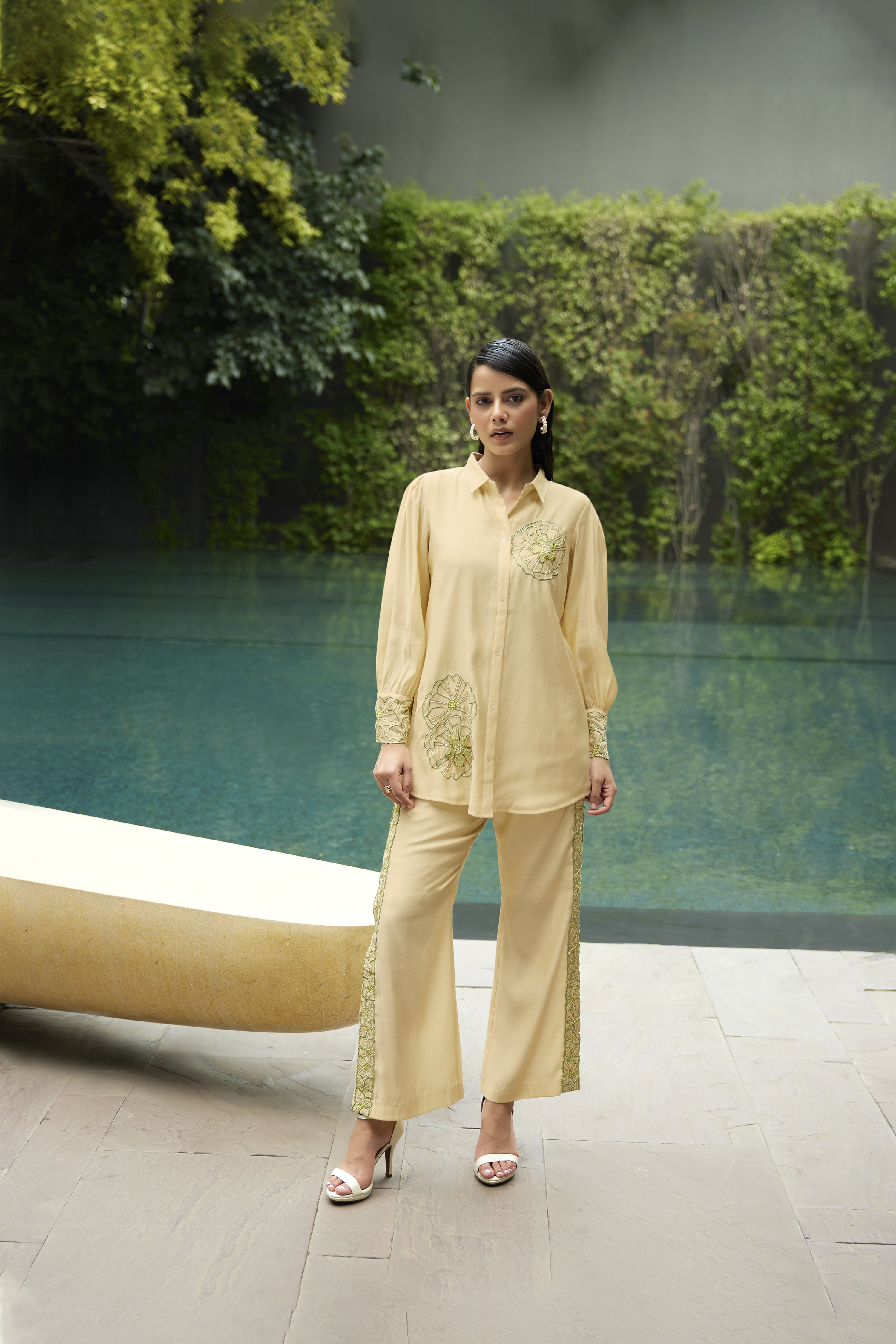 Kaftanize Kiaa-Yellow Creme Applique & Embroidered Puff Sleeve Embroidered Cuff Viscose Shirt With Pant