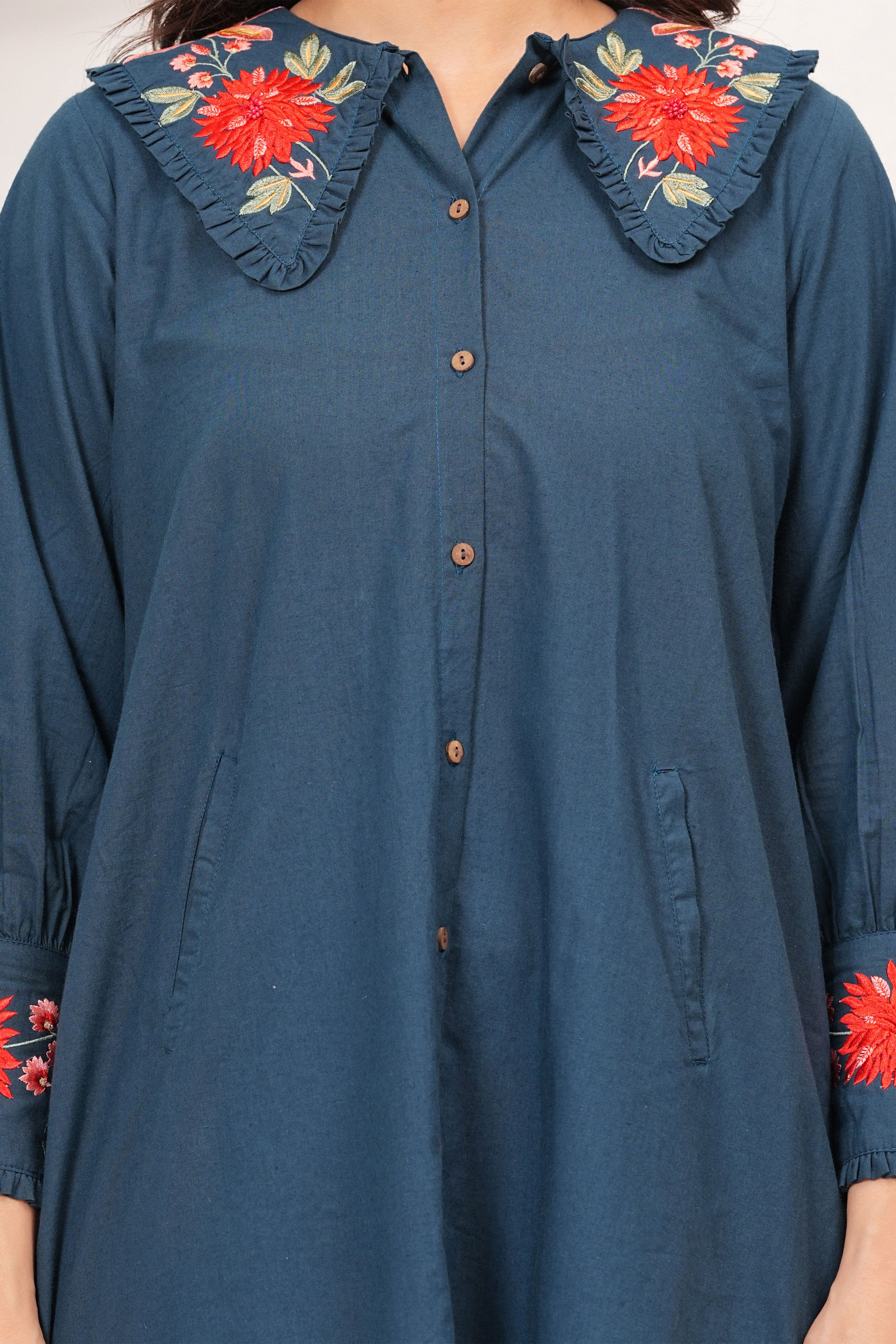 Navy Blue Floral Embroidered Collar Cotton Dress