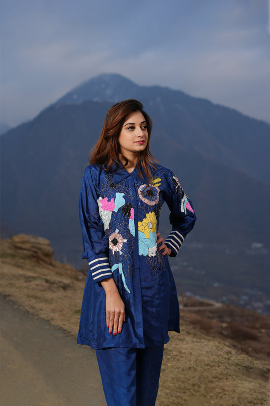 Dark Blue Embroidered Tunic & Trouser Co-Ord Set