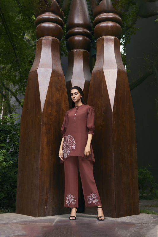 Brick Red Embroidered Viscose Tunic With Pant