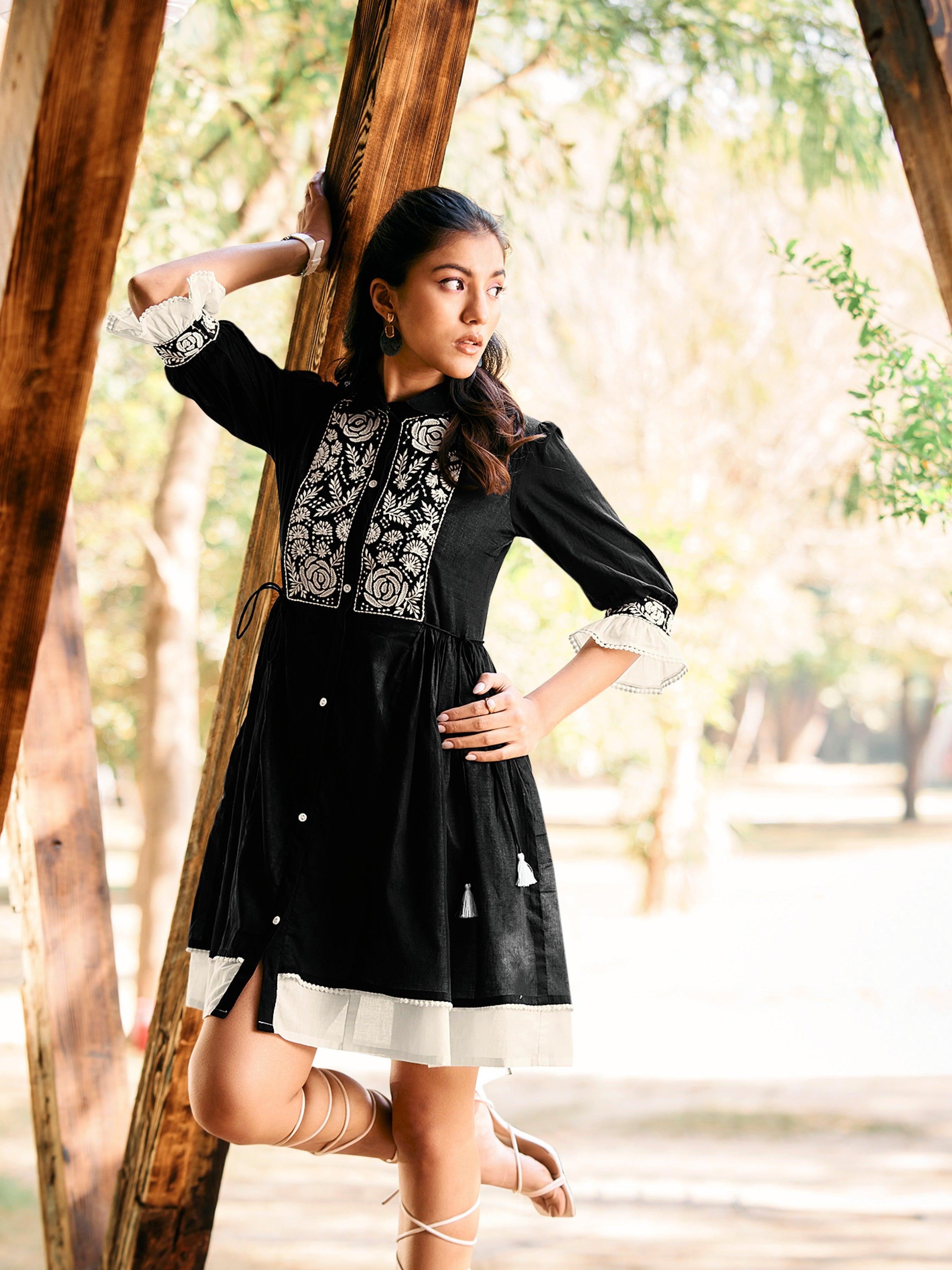 Cream Embroidered Black Cotton Cambric Short Dress with Tassel Detail