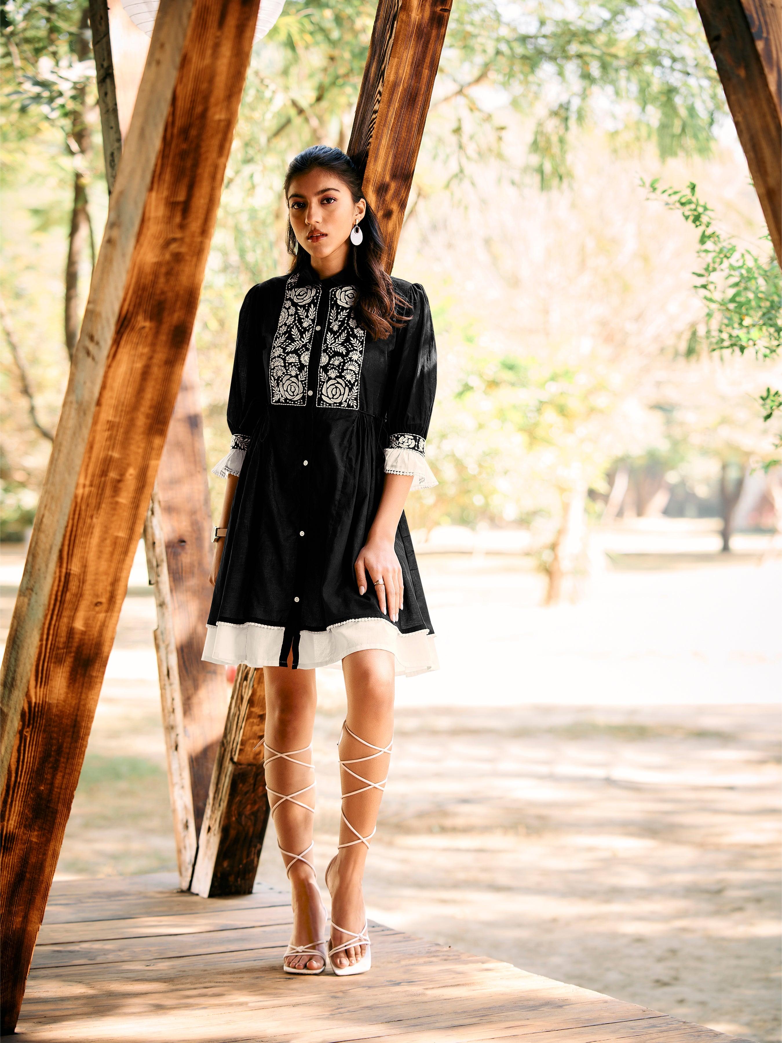 Cream Embroidered Black Cotton Cambric Short Dress