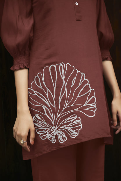 Brick Red Embroidered Viscose Tunic With Pant