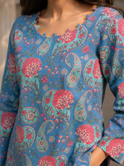 Blue & Pink Paisley and Floral Jaal Printed Short Kurti in Cotton