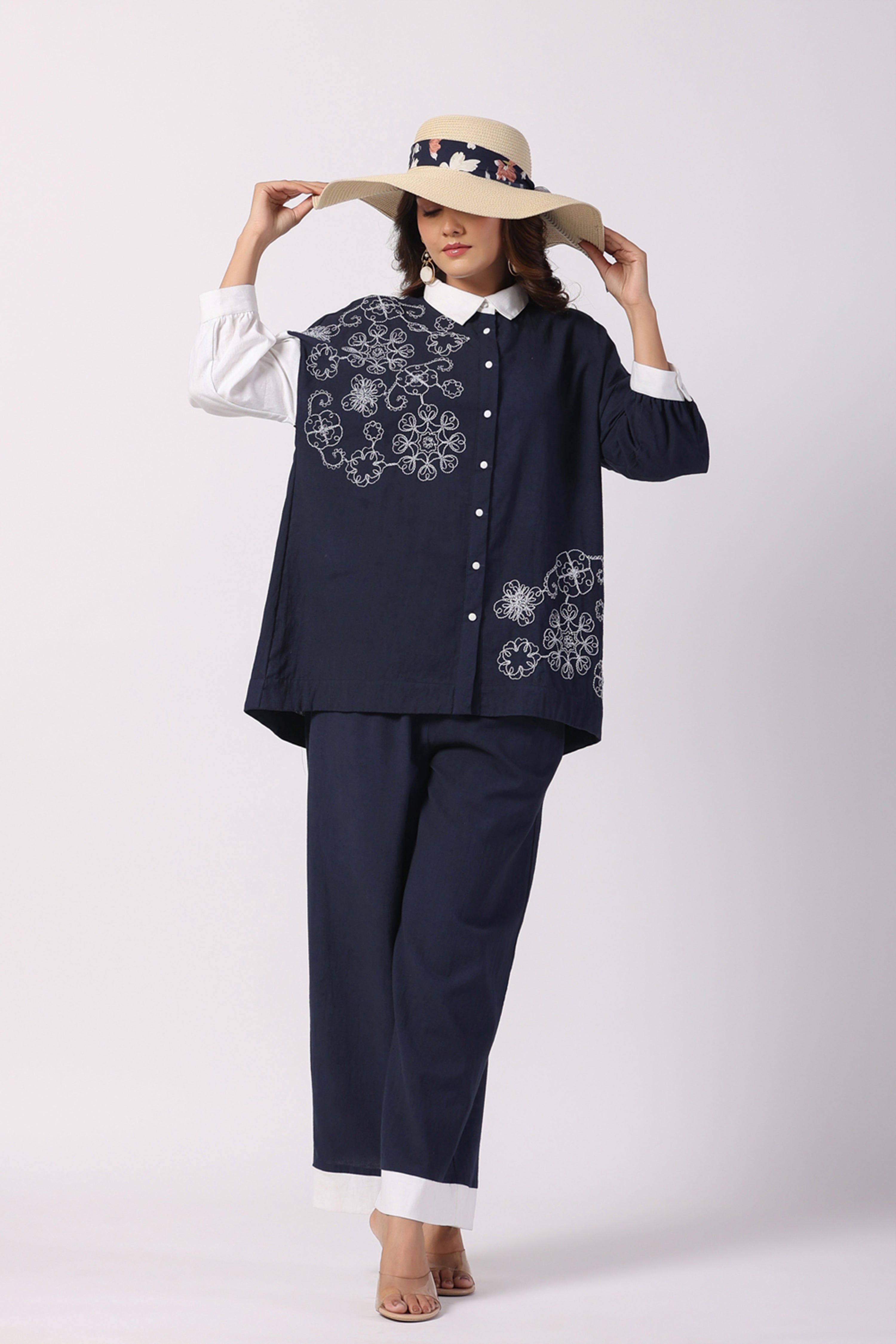 Navy Blue & White Embroidered Cotton Co-Ord set - Kaftanize