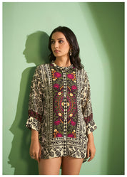 Cream Base with Crepe Black Placement Floral Printed Tunic