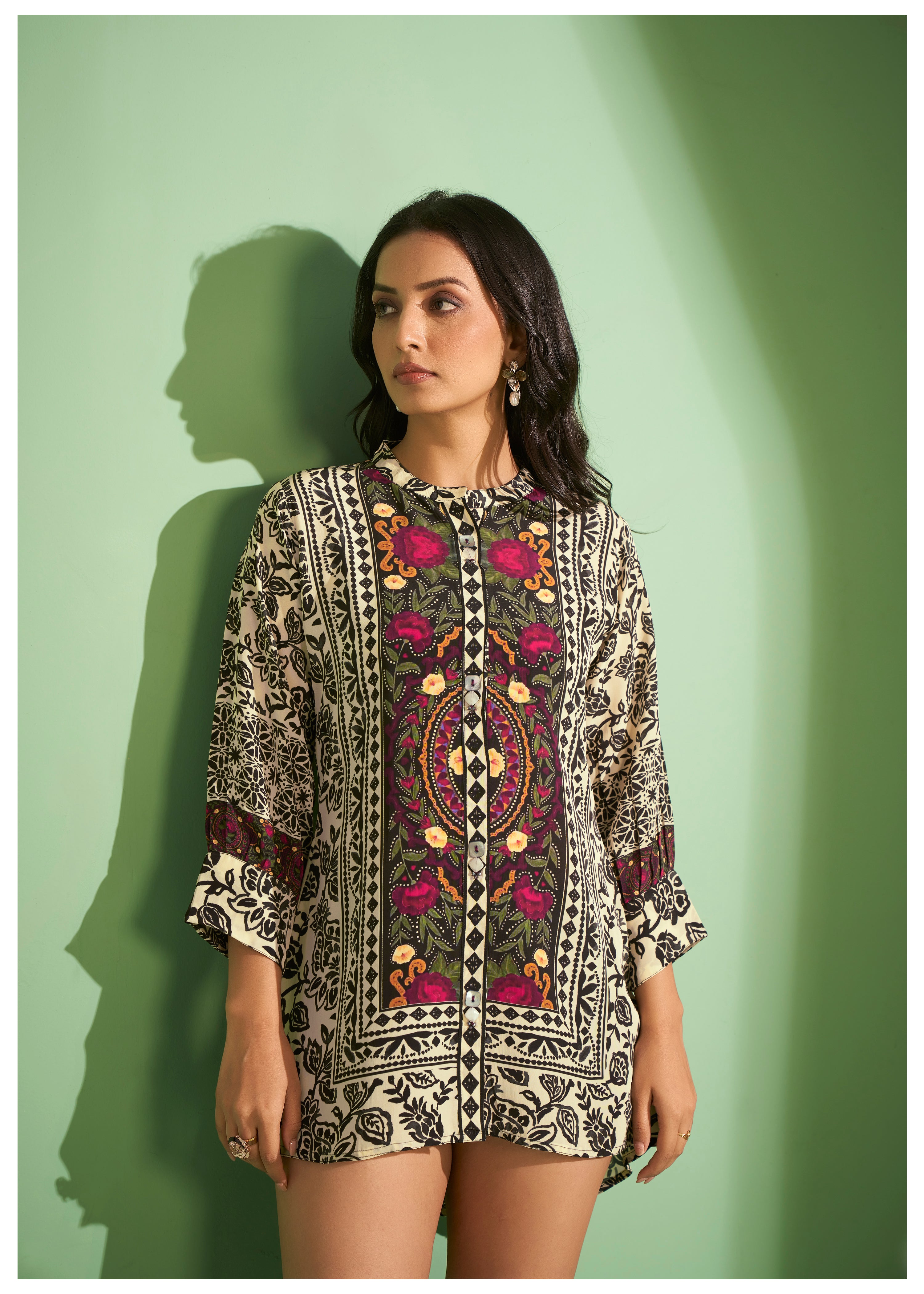 Cream Base with Crepe Black Placement Floral Printed Tunic