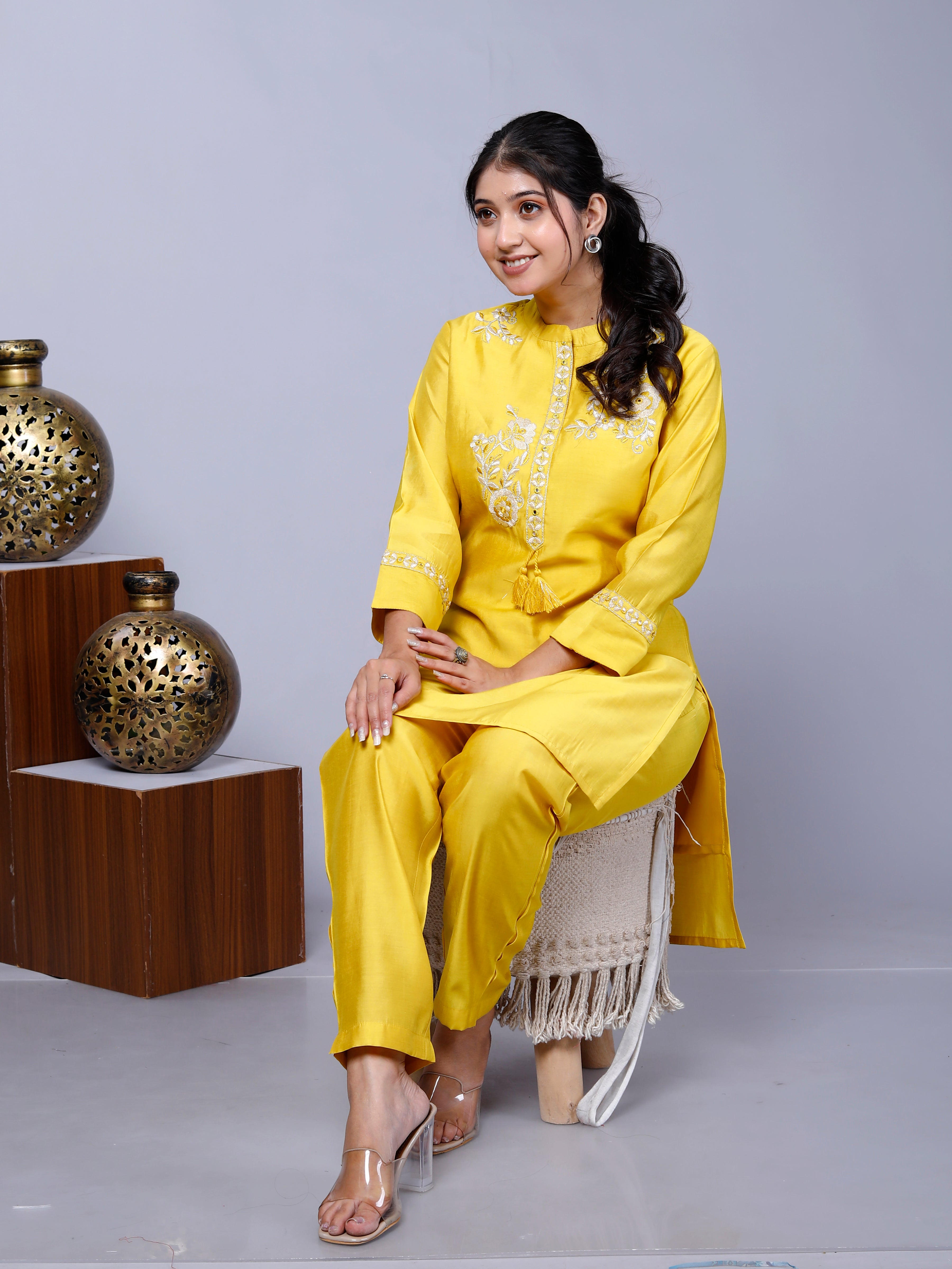 Yellow Embroidered Floral  Roman Silk Co-Ord Set