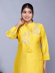 Yellow Embroidered Floral  Roman Silk Co-Ord Set