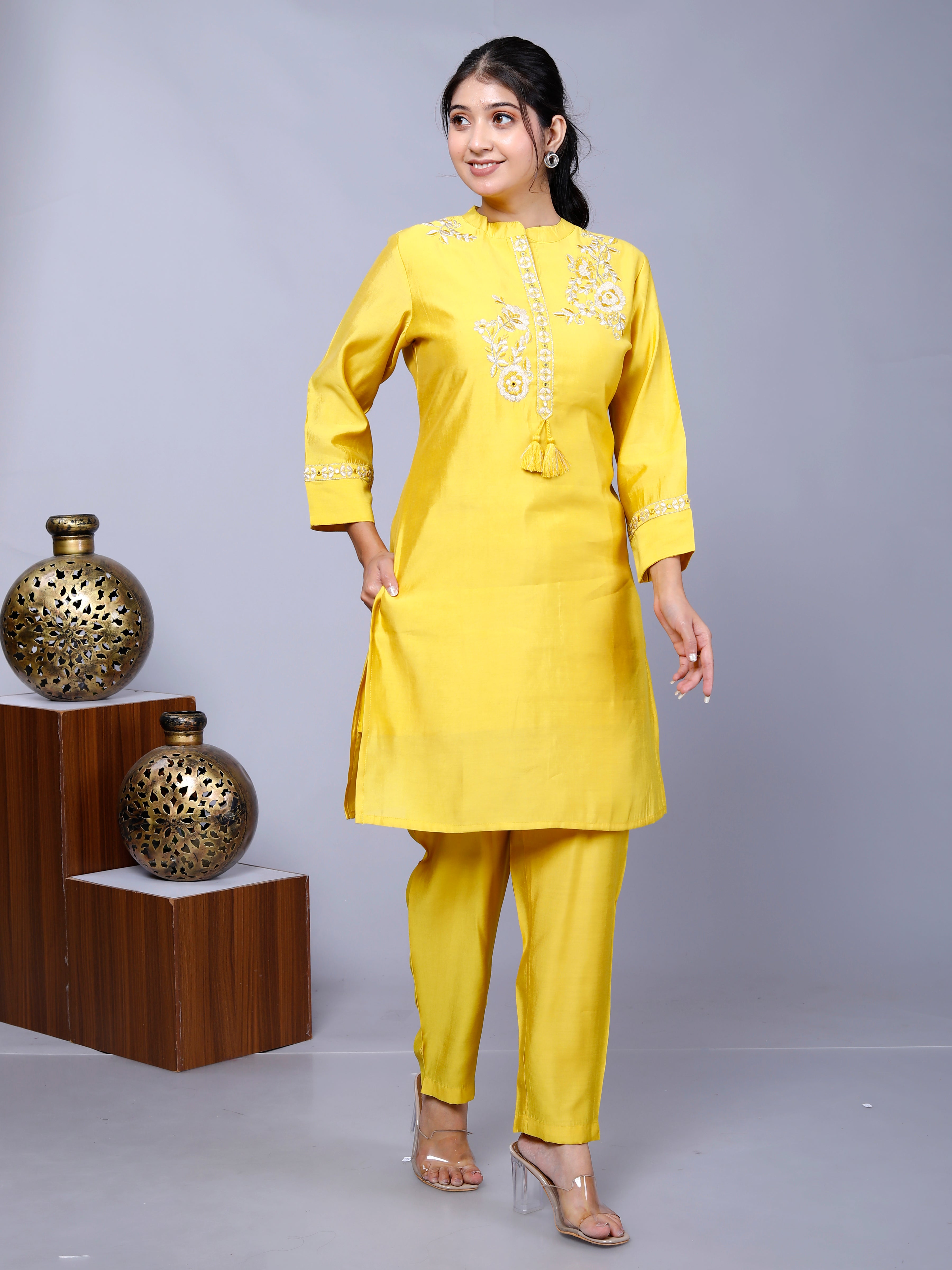 Yellow Embroidered Floral  Roman Silk Co-Ord Set