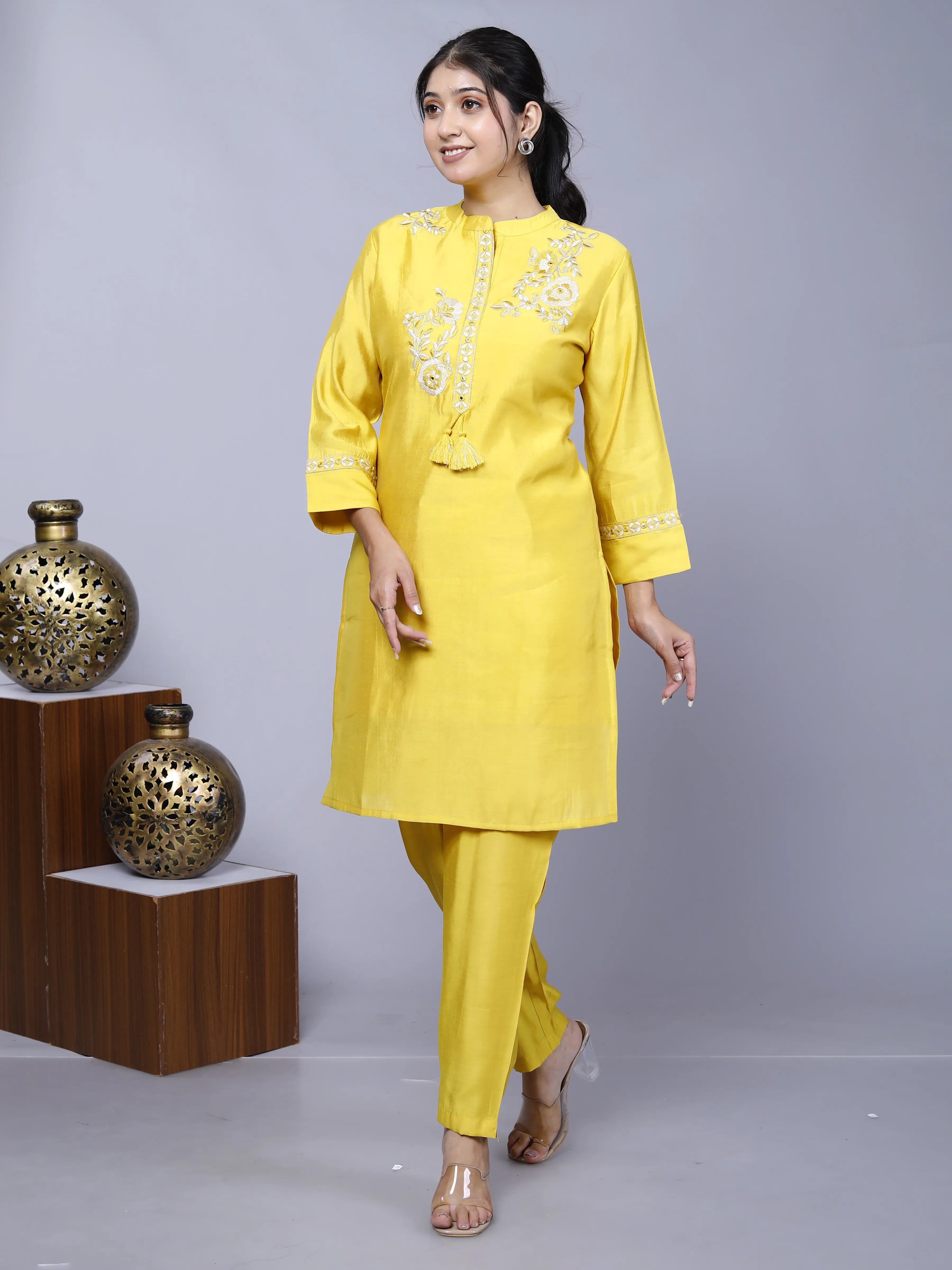Yellow Embroidered Floral  Roman Silk Co-Ord Set