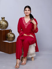 Red Embroidered Floral  Roman Silk Co-Ord Set