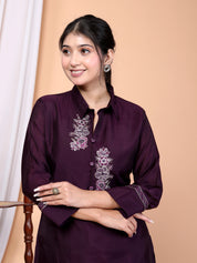 Purple Embroidered Roman Silk Co-Ord Set