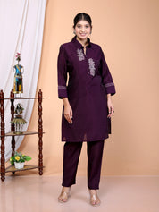 Purple Embroidered Roman Silk Co-Ord Set