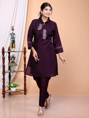 Purple Embroidered Roman Silk Co-Ord Set