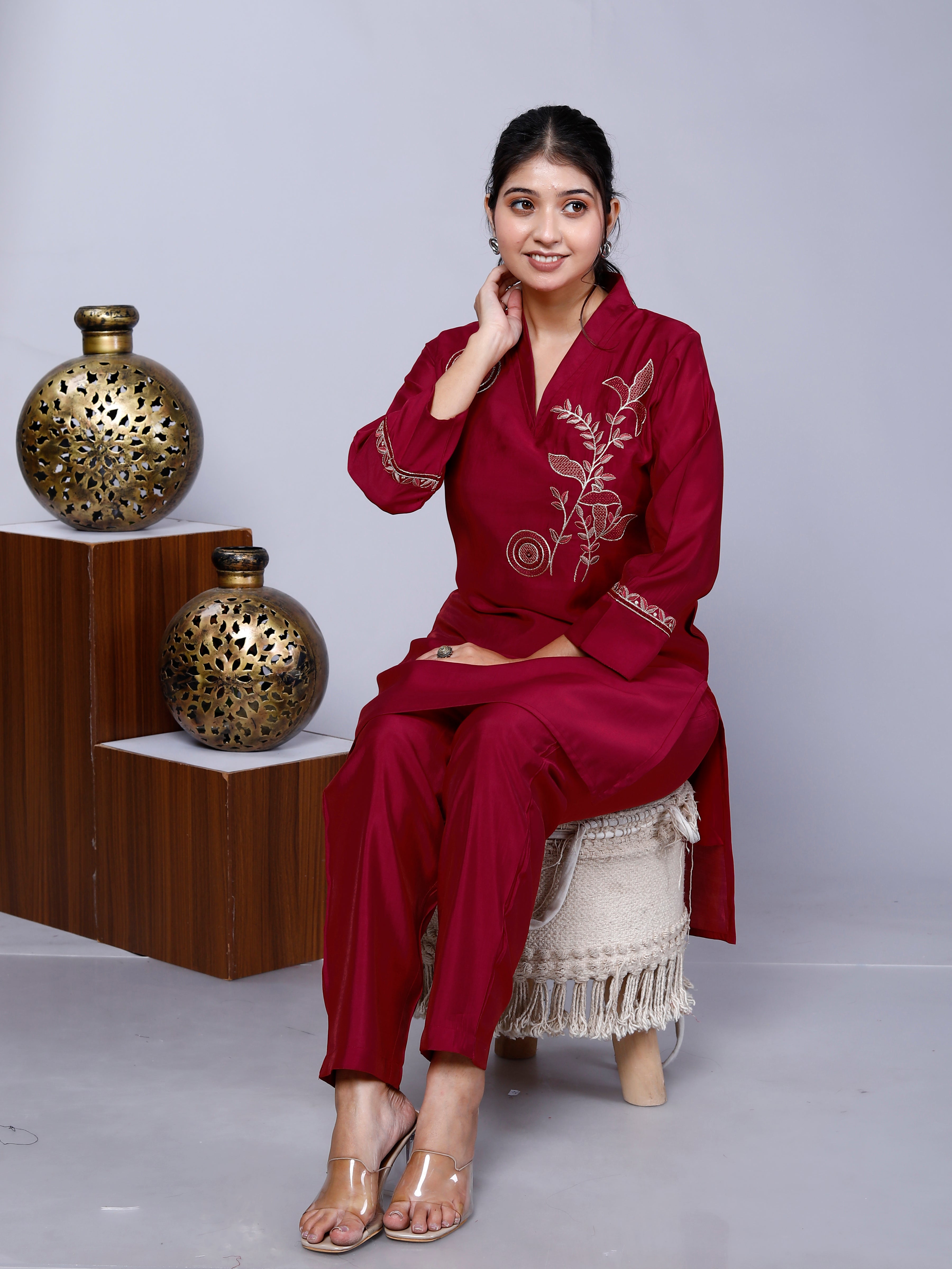 Red Embroidered Roman Silk Co-Ord Set