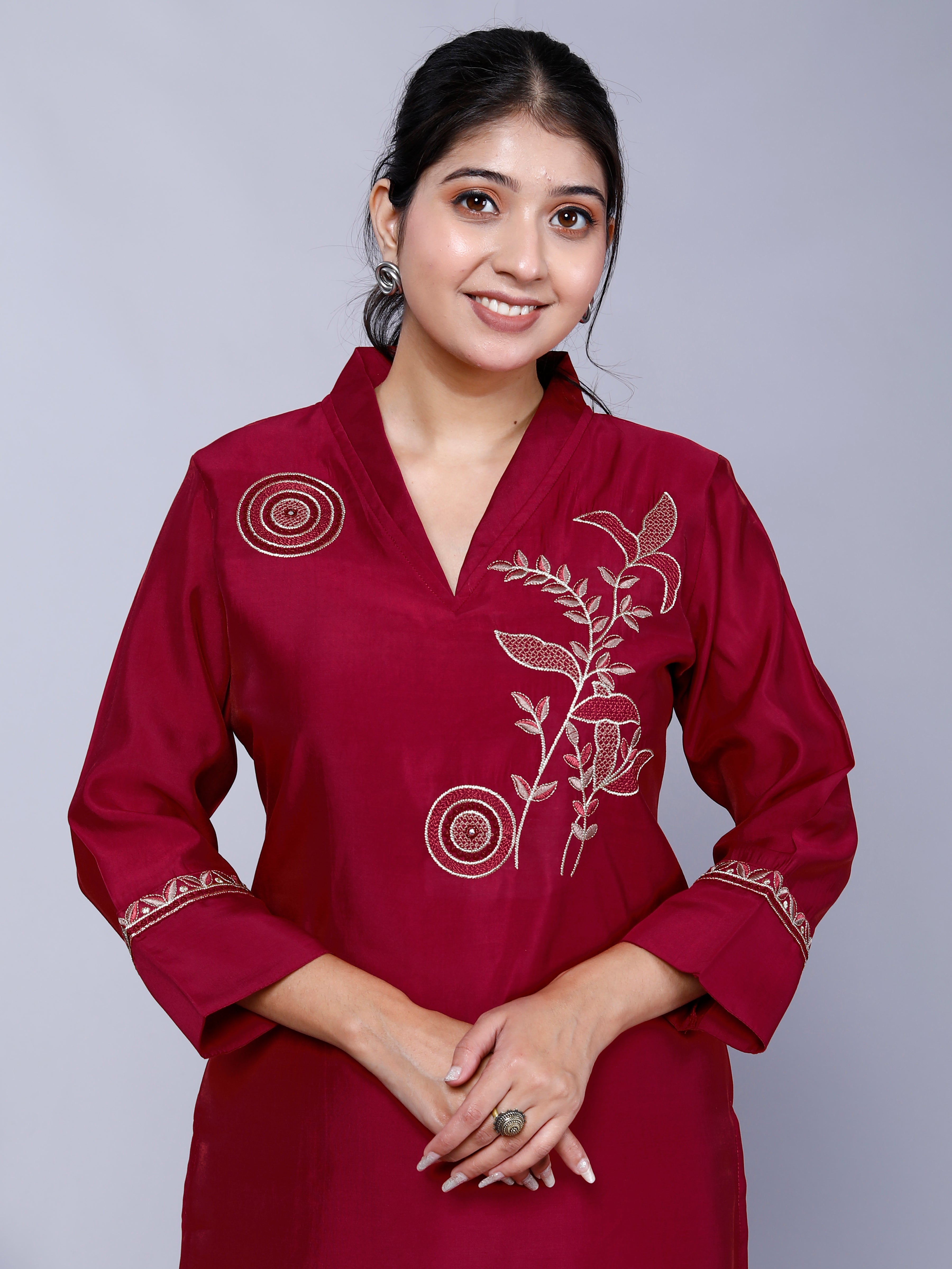 Red Embroidered Roman Silk Co-Ord Set