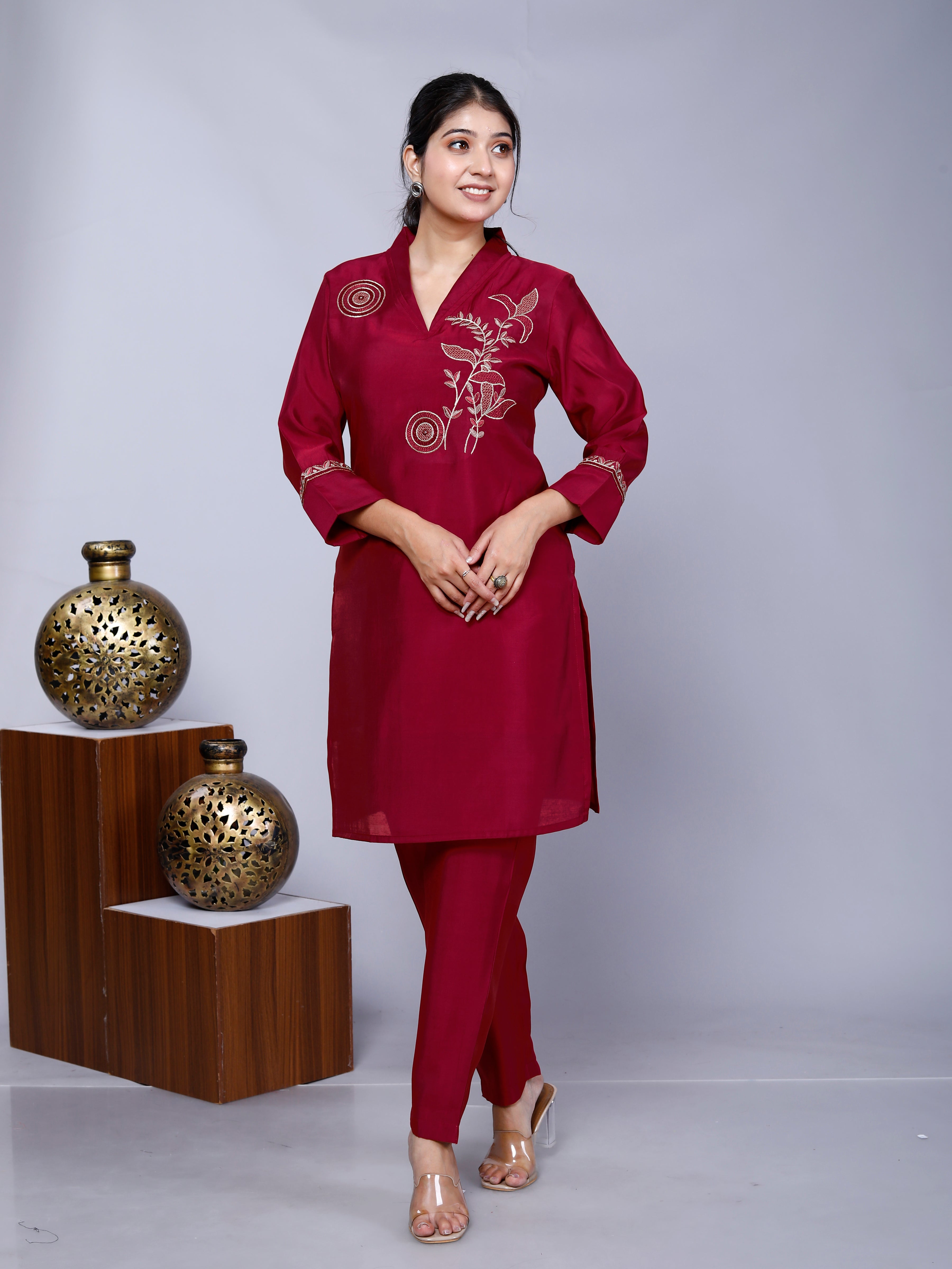 Red Embroidered Roman Silk Co-Ord Set