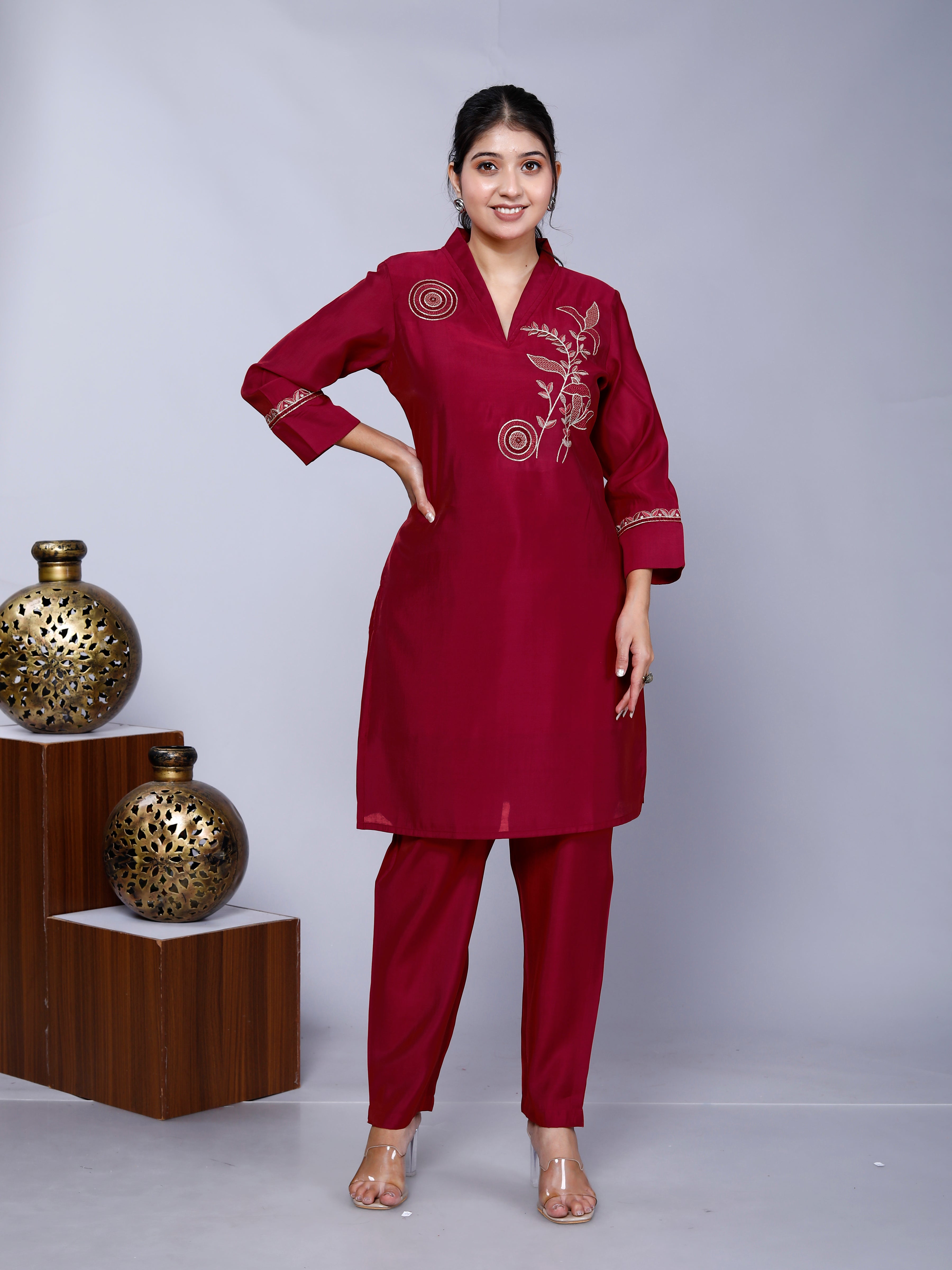 Red Embroidered Roman Silk Co-Ord Set