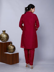 Red Embroidered Roman Silk Co-Ord Set